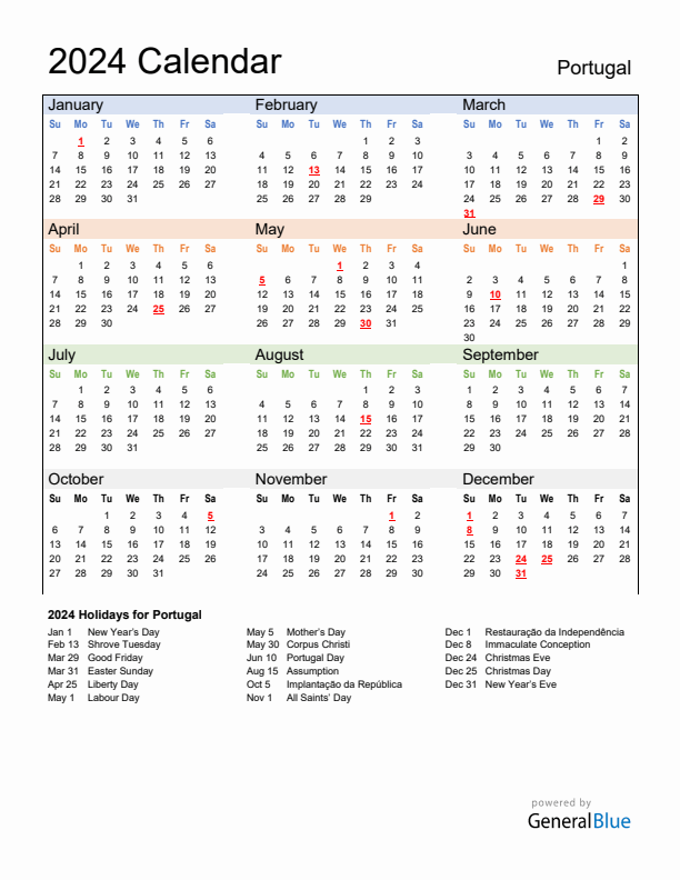 Calendar 2024 with Portugal Holidays