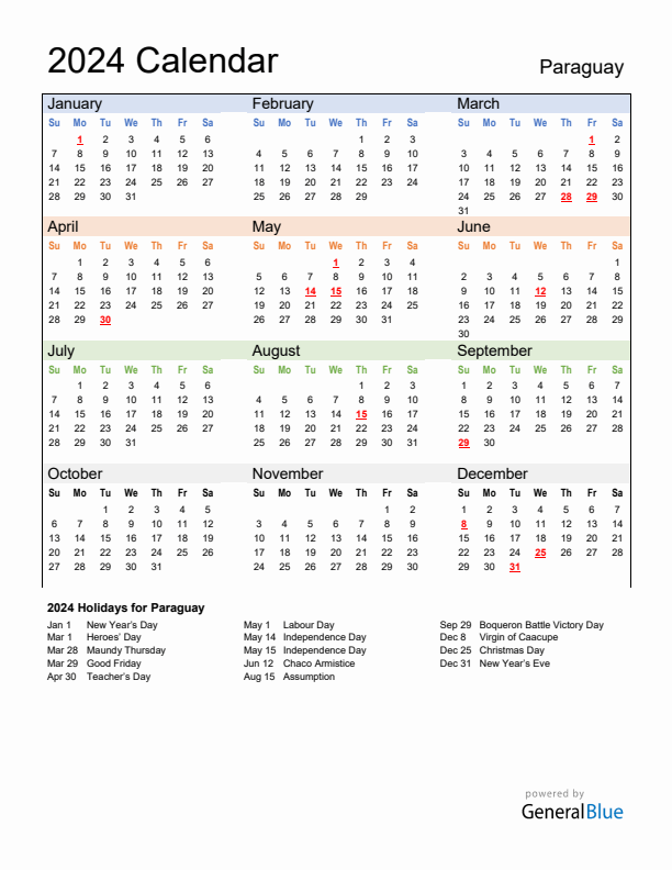 Calendar 2024 with Paraguay Holidays