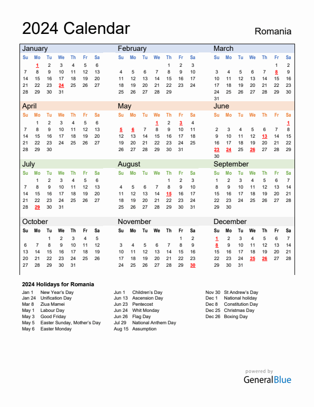 Calendar 2024 with Romania Holidays