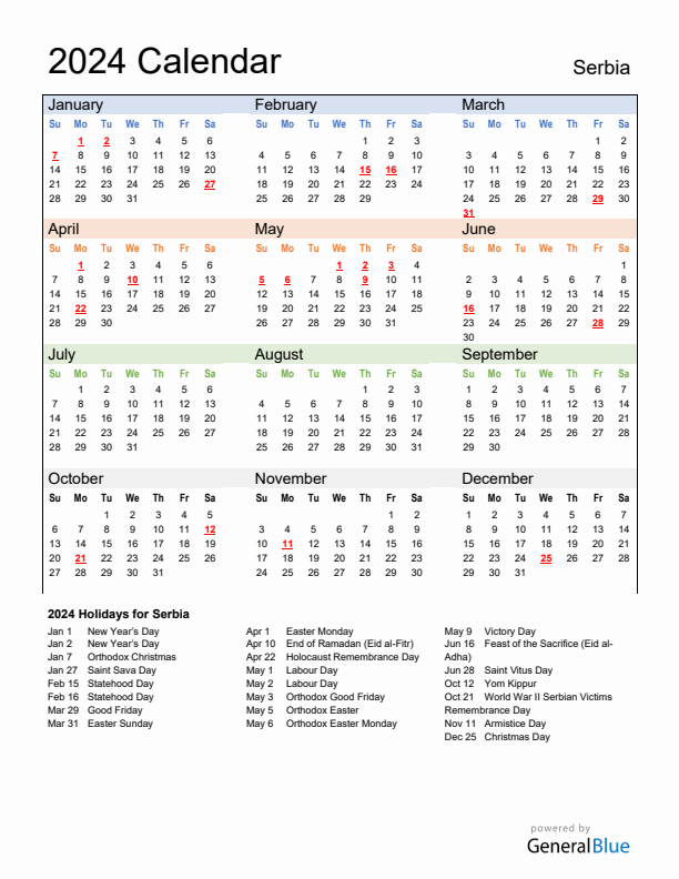 Calendar 2024 with Serbia Holidays