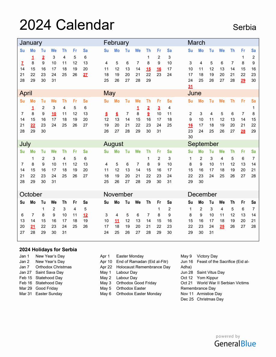 Annual Calendar 2024 with Serbia Holidays