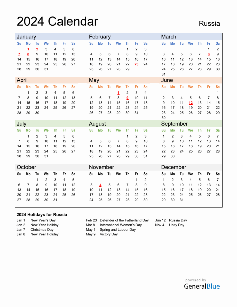 Annual Calendar 2024 with Russia Holidays