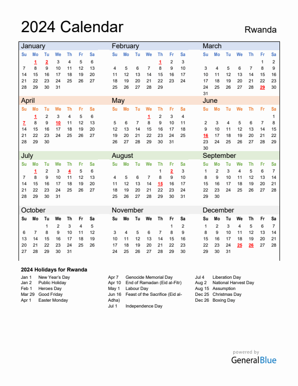 2024 Rwanda Calendar with Holidays
