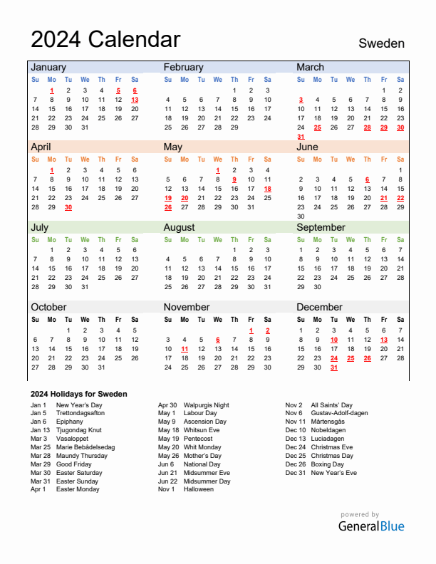 Calendar 2024 with Sweden Holidays