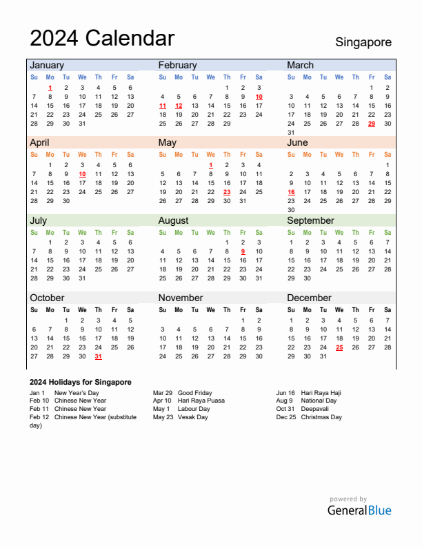 Calendar 2024 with Singapore Holidays