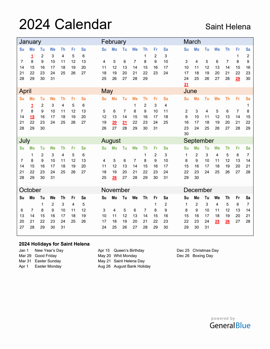 Annual Calendar 2024 with Saint Helena Holidays