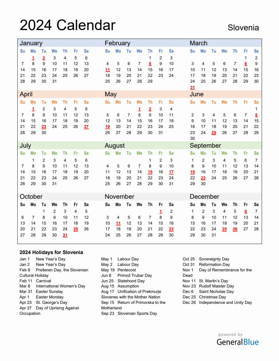 Annual Calendar 2024 with Slovenia Holidays