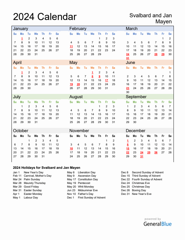 Calendar 2024 with Svalbard and Jan Mayen Holidays