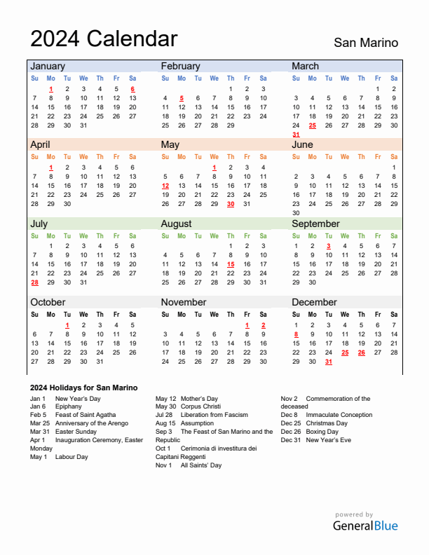 Calendar 2024 with San Marino Holidays