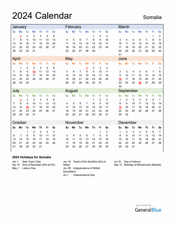Calendar 2024 with Somalia Holidays