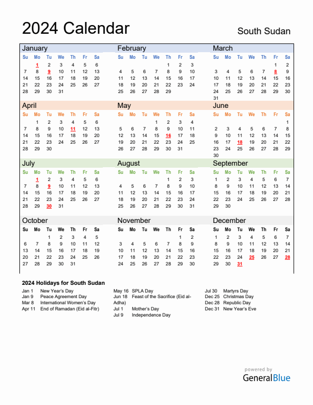 Calendar 2024 with South Sudan Holidays