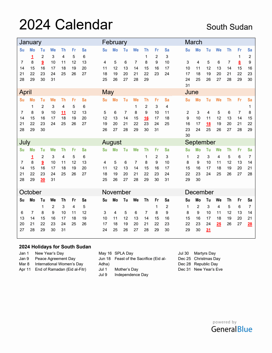 Annual Calendar 2024 with South Sudan Holidays