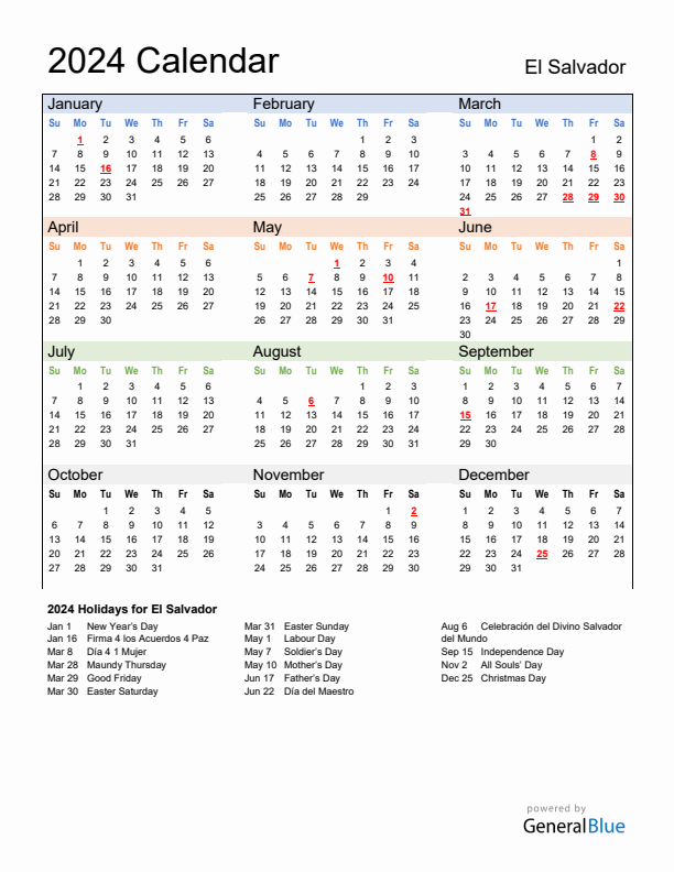 Calendar 2024 with El Salvador Holidays