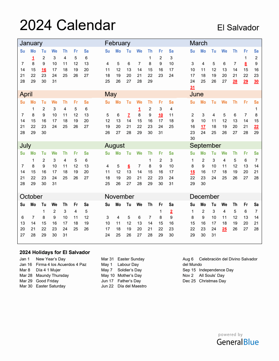 Annual Calendar 2024 with El Salvador Holidays
