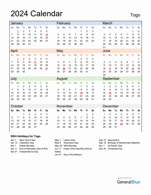 Calendar 2024 with Togo Holidays