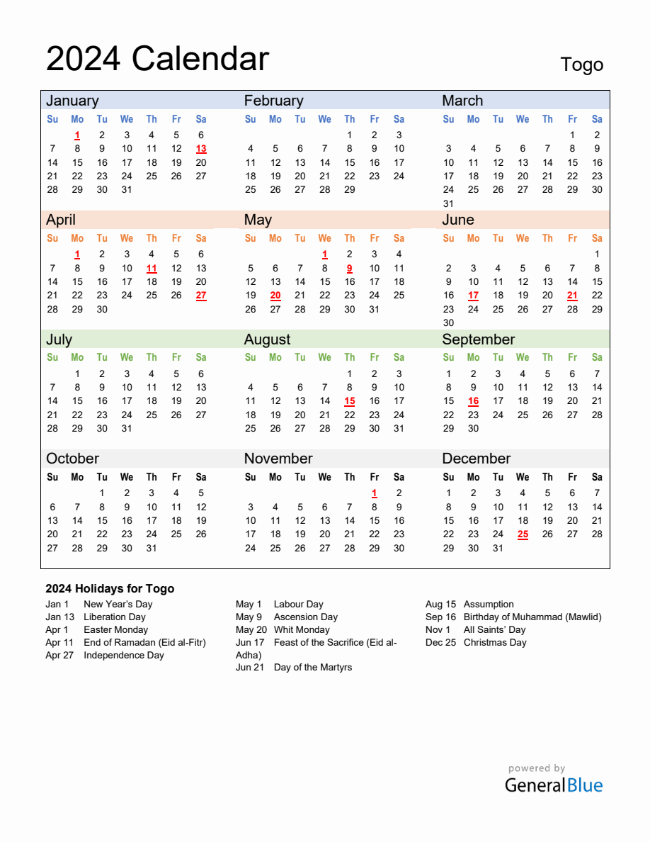 Annual Calendar 2024 with Togo Holidays