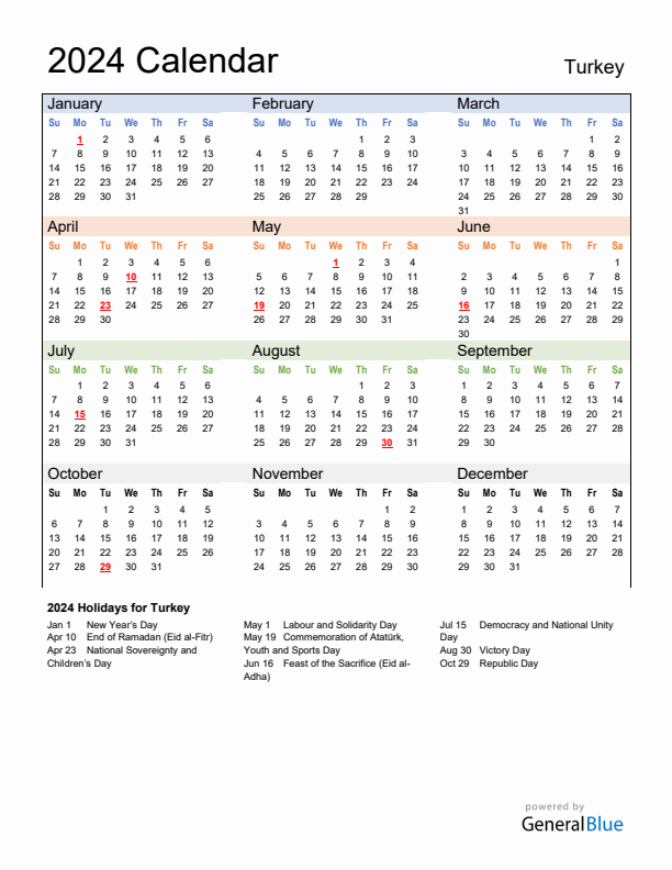 Calendar 2024 with Turkey Holidays