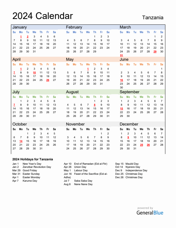 Calendar 2024 with Tanzania Holidays