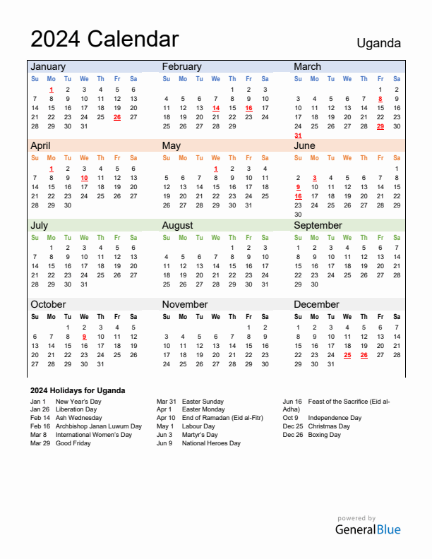 Calendar 2024 with Uganda Holidays