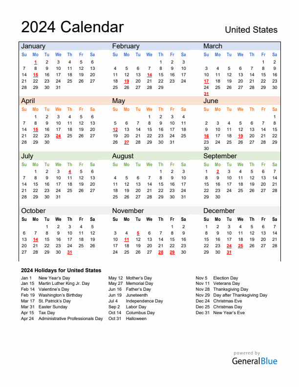 Calendar 2024 with United States Holidays