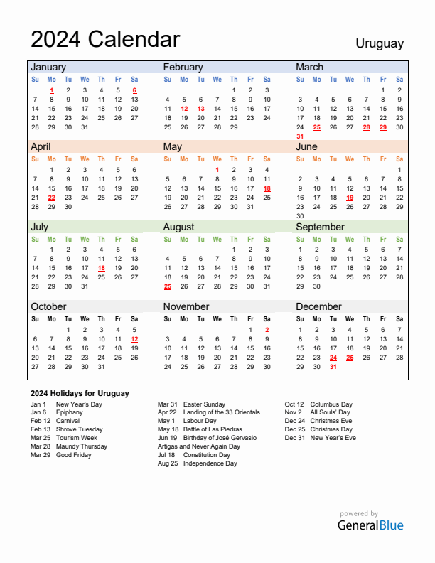 Calendar 2024 with Uruguay Holidays