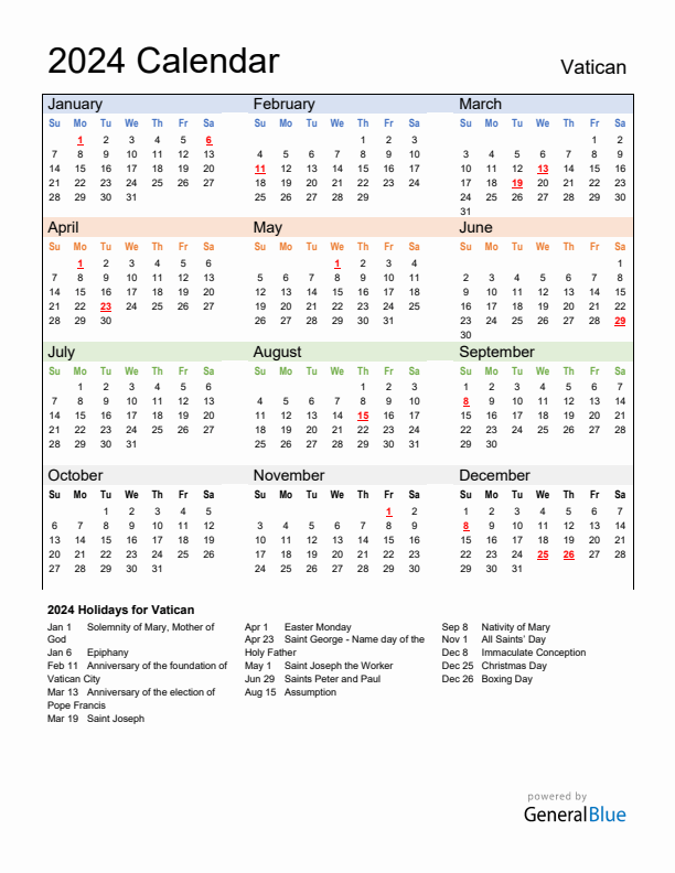 Calendar 2024 with Vatican Holidays