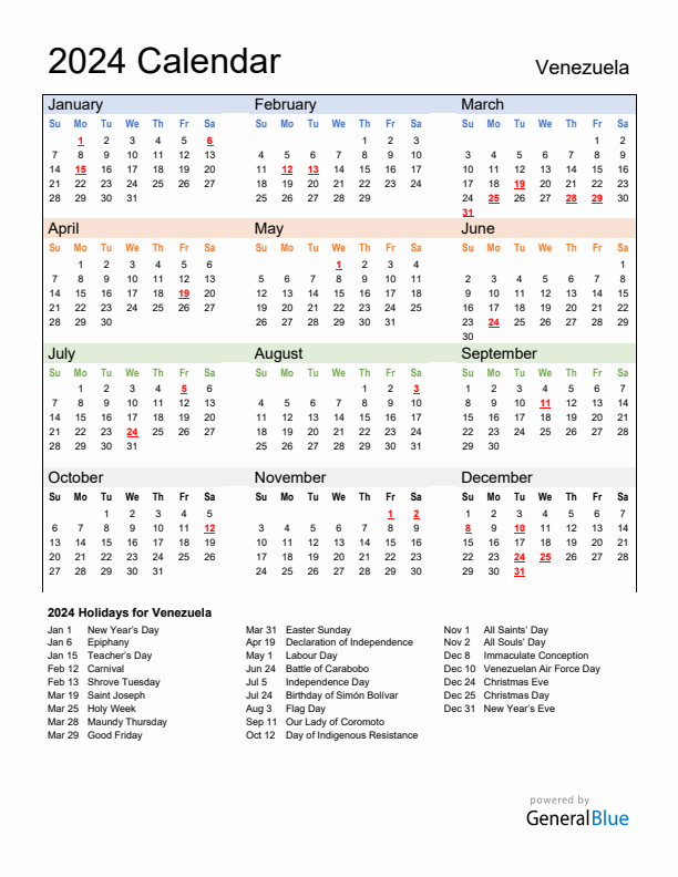 Calendar 2024 with Venezuela Holidays