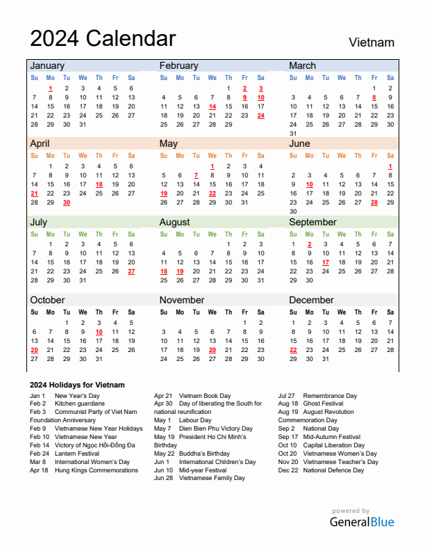 Calendar 2024 with Vietnam Holidays