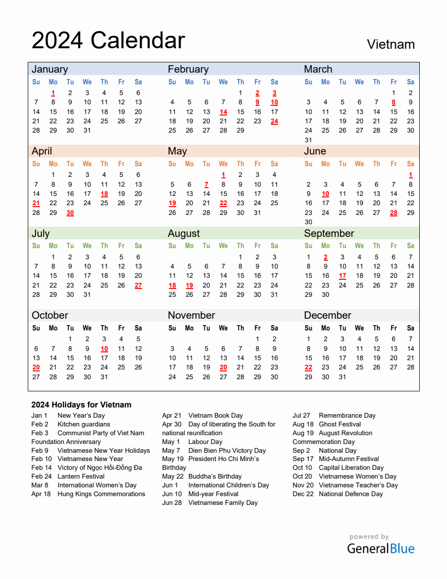 Annual Calendar 2024 with Vietnam Holidays