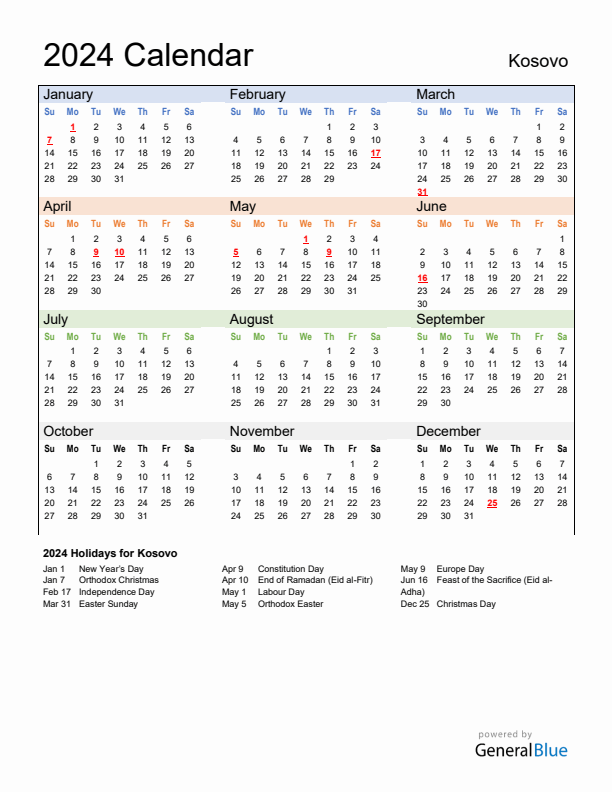 Calendar 2024 with Kosovo Holidays