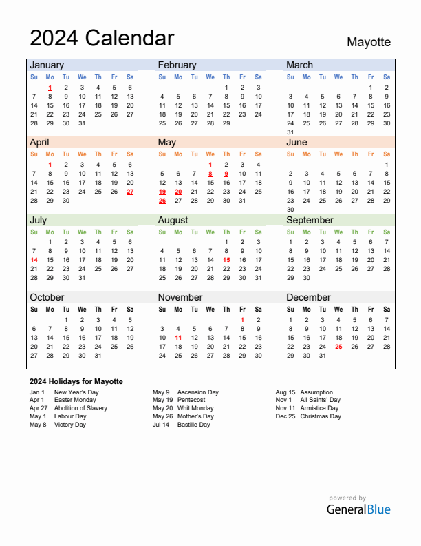 Calendar 2024 with Mayotte Holidays