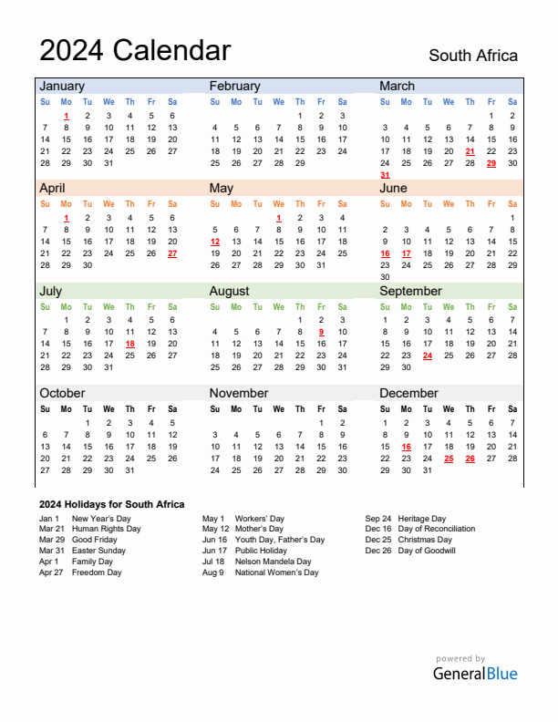 Calendar 2024 with South Africa Holidays