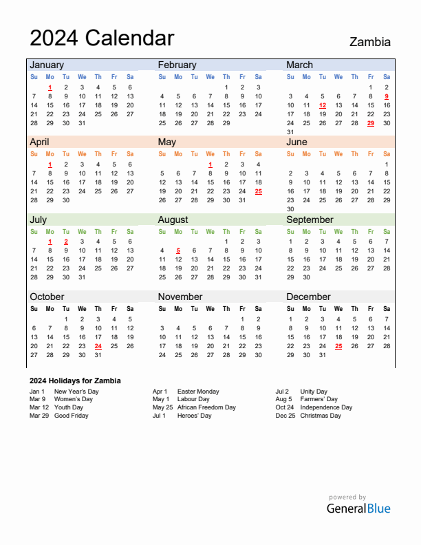 Calendar 2024 with Zambia Holidays