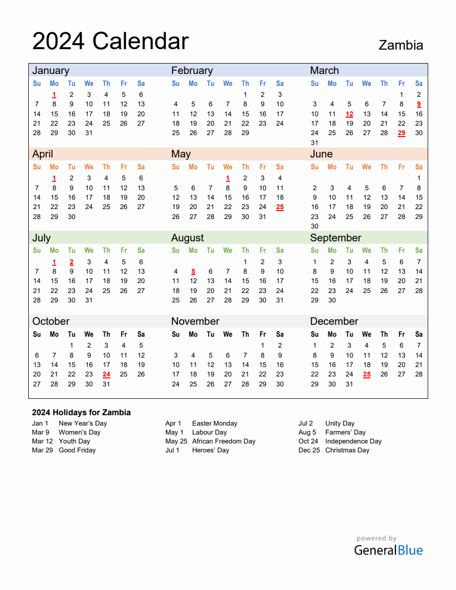 Annual Calendar 2024 with Zambia Holidays