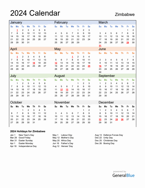 Calendar 2024 with Zimbabwe Holidays