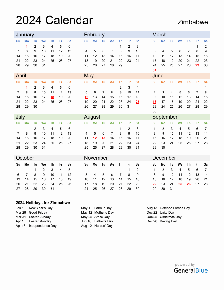 Annual Calendar 2024 with Zimbabwe Holidays