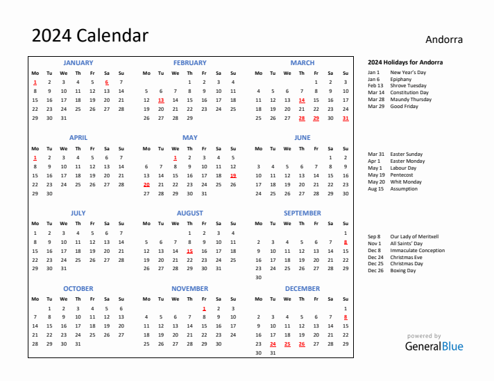2024 Calendar with Holidays for Andorra