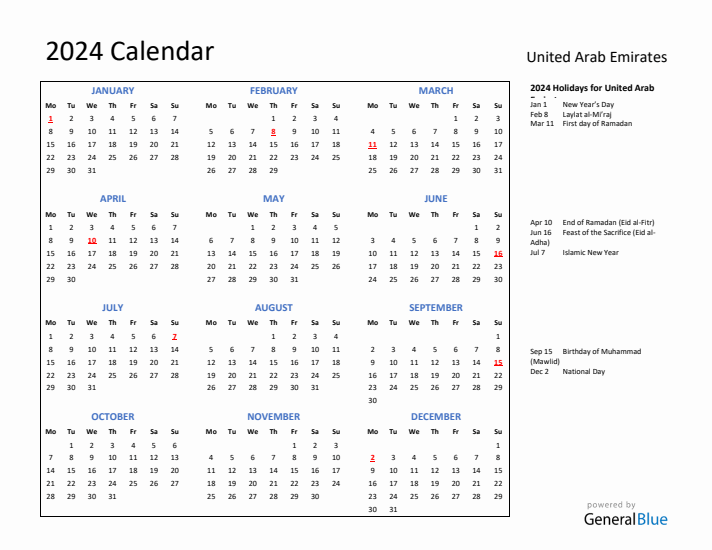 2024 Calendar with Holidays for United Arab Emirates