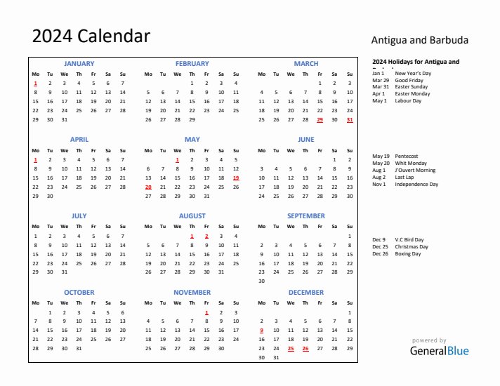 2024 Calendar with Holidays for Antigua and Barbuda