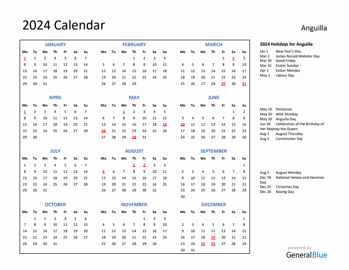 2024 Calendar with Holidays for Anguilla
