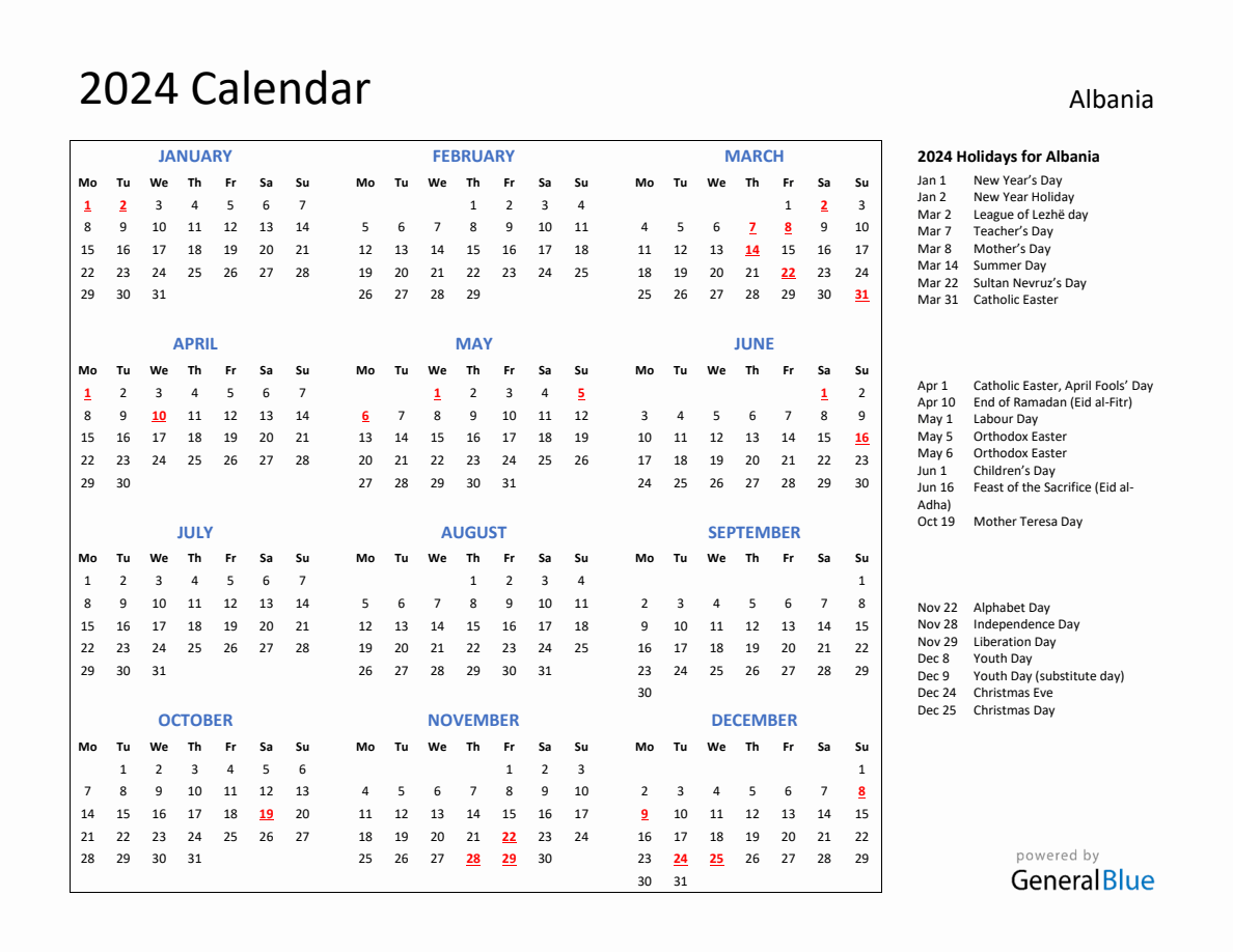 2024 Calendar with Holidays for Albania