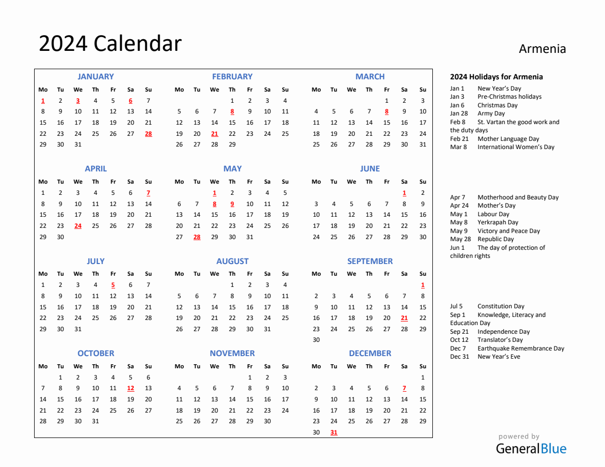 2024 Calendar with Holidays for Armenia