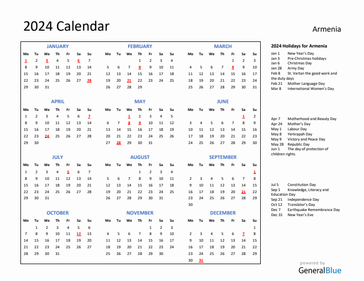 2024 Calendar with Holidays for Armenia