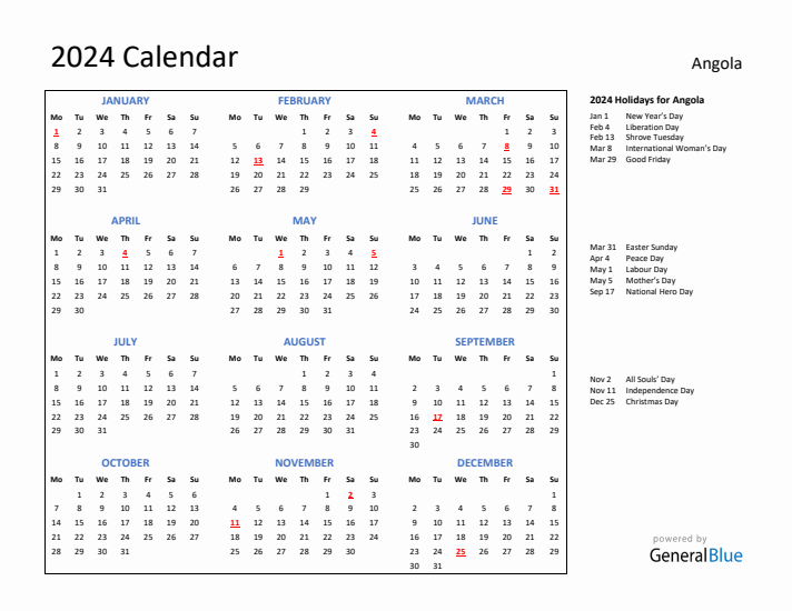 2024 Calendar with Holidays for Angola