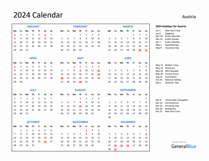 2024 Calendar with Holidays for Austria