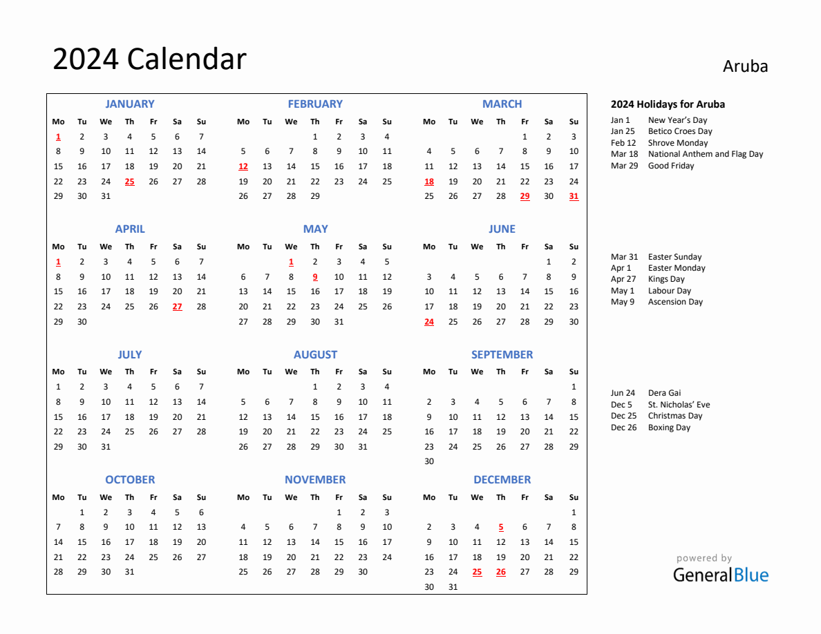 2024 Calendar with Holidays for Aruba