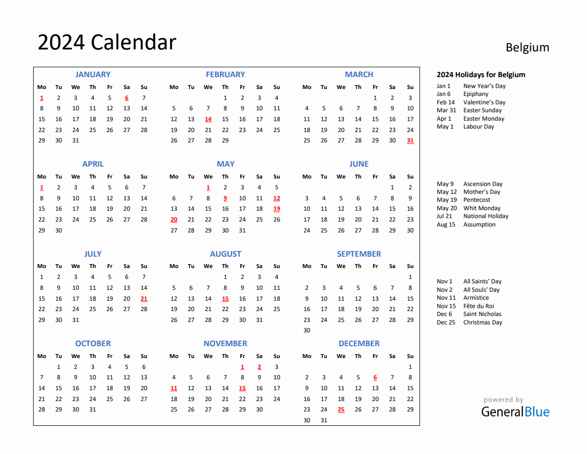 2024 Calendar with Holidays for Belgium