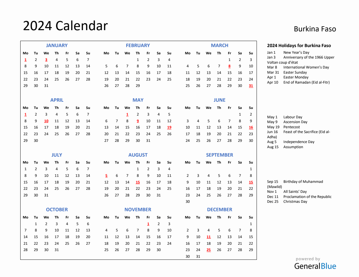 2024 Calendar with Holidays for Burkina Faso