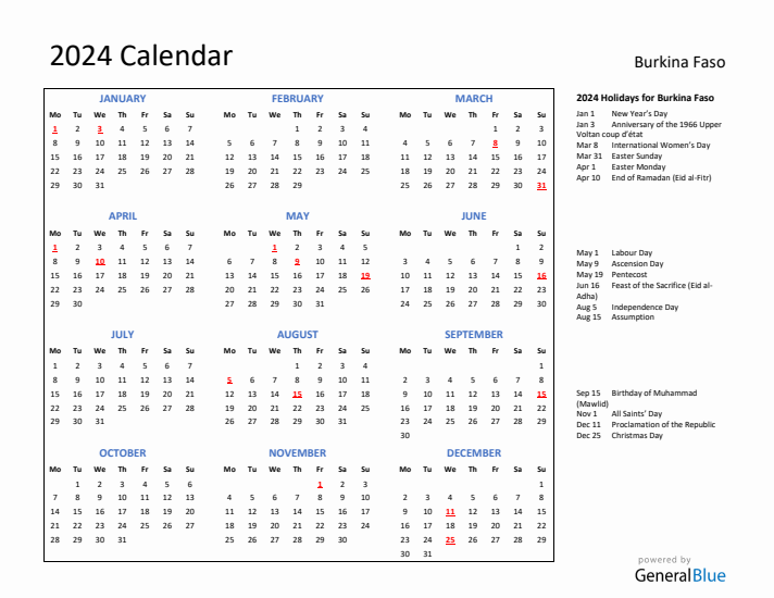 2024 Calendar with Holidays for Burkina Faso