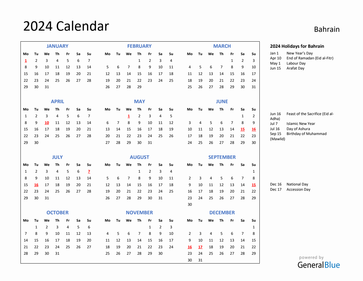 2024 Calendar with Holidays for Bahrain